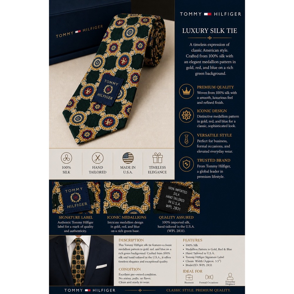 Tommy Hilfiger Mens Silk Tie Green Gold Medallion Lion Crest Italian Silk USA